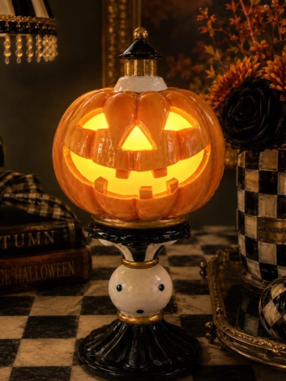 MacKenzie-Childs Style Lighted Jack O Lantern Ghost Pedestal Halloween Decor